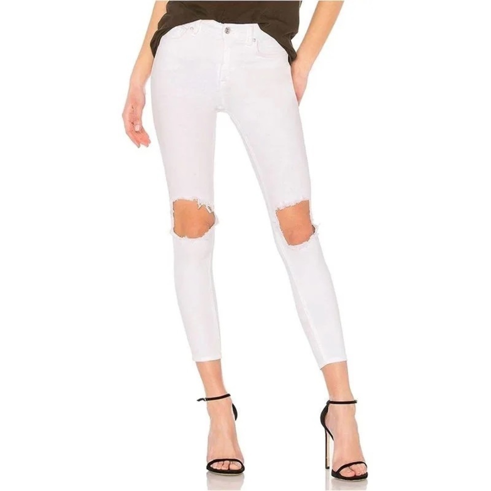 Free People Busted Skinny White Ripped Stretch High Rise Ankle Jeans EUC Size 25